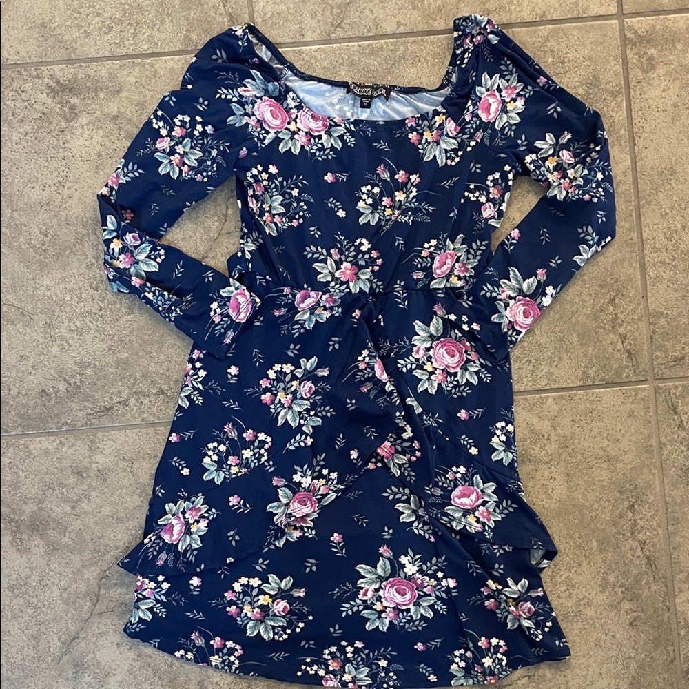 Floral Navy Kids Dress with Pink Accents